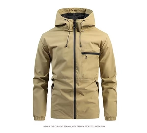 Detail of khaki windproof jacket with black contrast zipper and adjustable drawstring hood