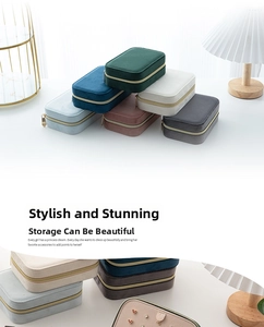 Close-up of portable velvet jewelry box with golden zipper and multi-compartment storage