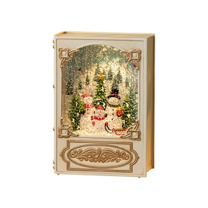Vintage ivory book-shaped Christmas lantern with snowman family scene and LED glitter snow