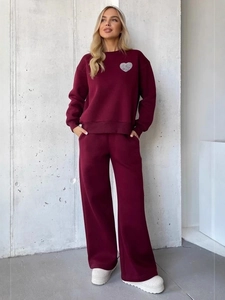 Women Heart Print Cotton Pullover Sweatshirt And Wide Leg Drawstring Sweatpants Casual Streetwear Loungewear Autumn Winter