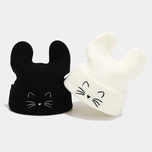 Cat Ear Knitted Beanie Acrylic Warm Winter Hat With Animal Whiskers Embroidery Kawaii For Women Girls
