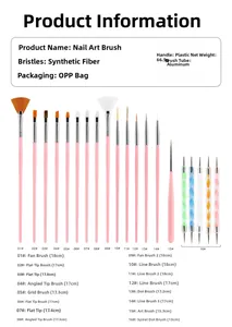 Size chart for 20pcs nail art brush set with fiber bristles and detailed handle lengths