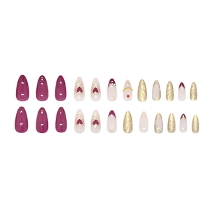 Deep purple almond press-on nails with 3D gold ripple, heart patterns and star accents