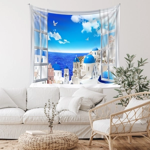 Detail of 3D window view tapestry showing Santorini blue domed church over the sea