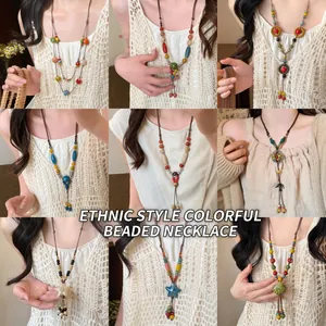 Collier Long En Perles De Céramique Style Ethnique Vintage Fait Main Corde De Cire Chaîne Pull Bohème Bijoux Pour Femmes