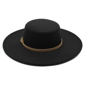 Black vintage flat top wide brim wool felt hat with brown leather belt and gold buckle