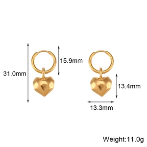 Detail view of gold stainless steel heart earrings with dimensions 31mm length and 11g weight