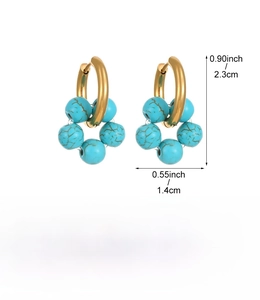 Detailed view of stainless steel hoop earrings with turquoise marbled beads and specs
