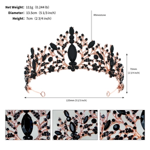Detailed size chart showing dimensions and weight of the black rhinestone bridal crown