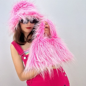 Detail of pink faux fur plush winter bucket hat and matching handbag set