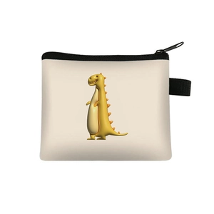 Detailed view of cream-colored canvas coin purse with yellow 3D cartoon dinosaur print