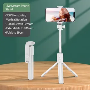 Foldable Bluetooth selfie stick with tripod stand showing 19cm storage and 70cm extension
