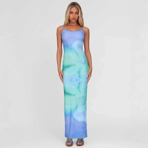 Front full-length view of a slim-fit blue watercolor print maxi dress with thin straps