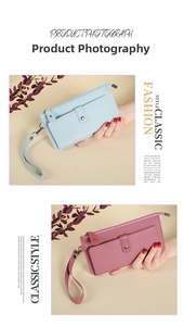 Detail view of multi-slot long wallet with pebble grain leather texture and wrist strap