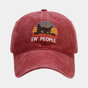 Close-up of vintage washed burgundy baseball cap with cat sunset patch and EW PEOPLE text