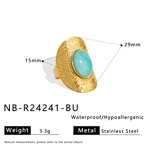 Detailed size and weight specs for the embossed stainless steel turquoise stone ring