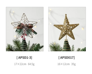 Detail view of gold hollow star and iron glitter star tree toppers with festive pine cones