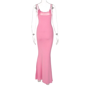 Back view of pink bodycon maxi dress with high waist and elegant fisheye hem design