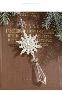 Macro detail of acrylic snowflake ornament with glitter finish and clear crystal beads