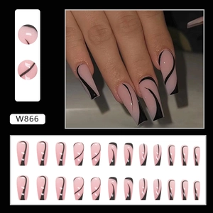 Long coffin press-on nails with black wavy lines and pale pink base in a 24pcs set