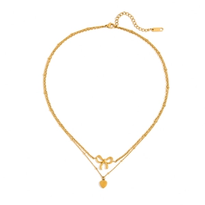 Double layered 18K gold stainless steel necklace with bow and heart pendants