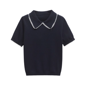 Navy blue short sleeve knit polo shirt featuring delicate white scalloped lace trim collar