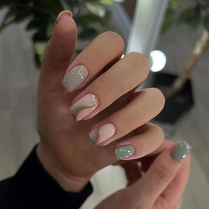 Press On Nails Morandi Grey Green Ripple Glitter Square Artificial False Fingernails For Women Elegant Manicure Art