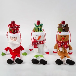 Three-piece Christmas wine bottle covers featuring Santa, Snowman, and Reindeer dolls