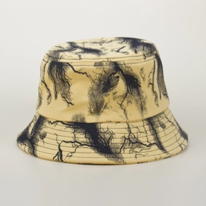 Light yellow fisherman hat with black marble print and wide brim for sun protection