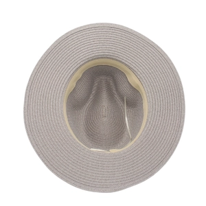 Detail view of the gray woven straw hat interior featuring an adjustable inner sweatband