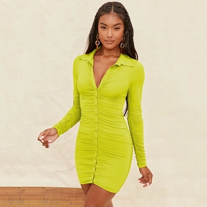 Slim fit fluorescent green long sleeve buttoned mini dress with ruched detail and collar