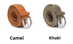 Detail of woven wax rope belts in camel and khaki with vintage silver U-shaped buckles