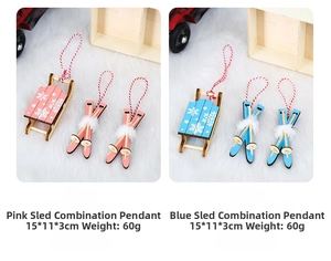 Detail of wooden Christmas sleigh ornaments with snowflake patterns and plush trim