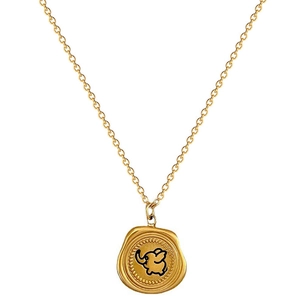 Minimalist gold titanium steel necklace featuring a vintage elephant pendant on white background