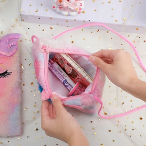 Pink and blue gradient plush unicorn crossbody bag with soft faux fur and sequin ears