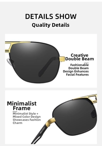 Detailed close-up of double-bridge polarized sunglasses with black and gold metal frames