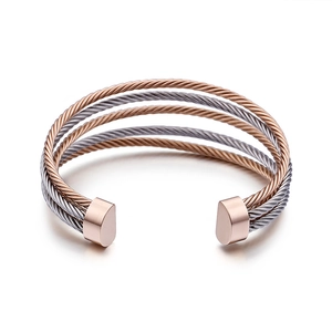Minimalist five-layer twisted cable cuff bracelet in rose gold and silver bicolor