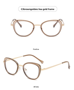 Brown golden cat-eye glasses frame shown from positive and side angles on white background