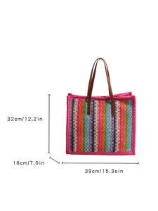 Rainbow striped crochet woven tote bag with brown leather handles and size dimensions