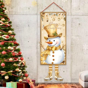 Golden Christmas snowman door banner with ice skates hanging on a wall for 2025 holiday decor