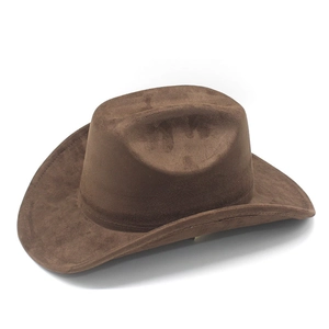 Top-down view of dark brown faux suede western cowboy hat with wide brim and dented crown