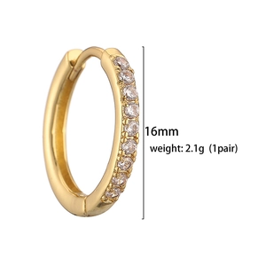 Detail view of 16mm gold hoop earrings with zircon stones and weight specifications