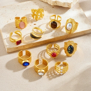 Vintage gold plated stainless steel rings with colorful gemstones and pearls in boho style