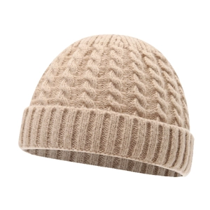 Classic camel twist-knit beanie with warm cuffed brim for winter fashion and warmth