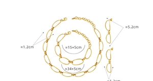 Detailed size guide for gold geometric chain necklace, bracelet, and earring set