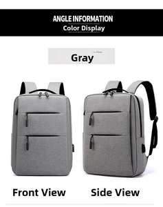 Vooraanzicht en zijaanzicht van grijze laptoprugzak voor 15,6 inch met externe USB-poort