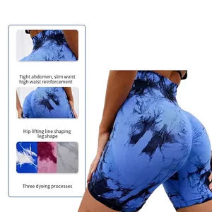 Short de yoga tie-dye bleu à taille haute avec contrôle du ventre et effet push-up