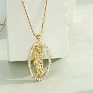Religious Saint Jude Pendant Necklace Copper 18K Gold Plated Oval Geometric Jewelry With Zirconia Inlay For Women