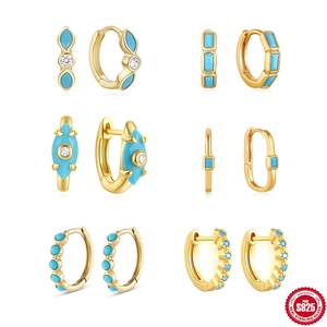 Turquoise Earrings 925 Sterling Silver Hoop Ear Buckles Gold Plated Zirconia Evil Eye Bohemian Retro Women Gift