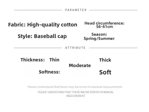 Size chart showing cotton baseball cap dimensions and material specs for a 56-61cm fit